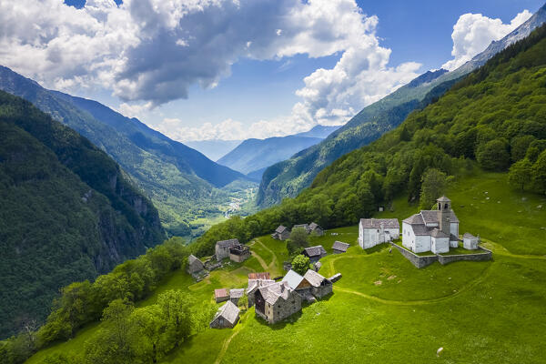 Aerial view of the small mountain walser town of Salecchio Inferiore in spring. Premia, Valle Antigorio, Verbano Cusio Ossola, Piedmont, Italy.