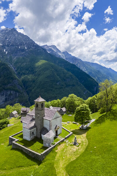 Aerial view of the small mountain walser town of Salecchio Inferiore in spring. Premia, Valle Antigorio, Verbano Cusio Ossola, Piedmont, Italy.