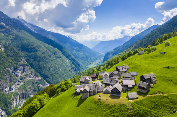 Aerial view of the small mountain walser town of Salecchio Superiore in spring. Premia, Valle Antigorio, Verbano Cusio Ossola, Piedmont, Italy.
