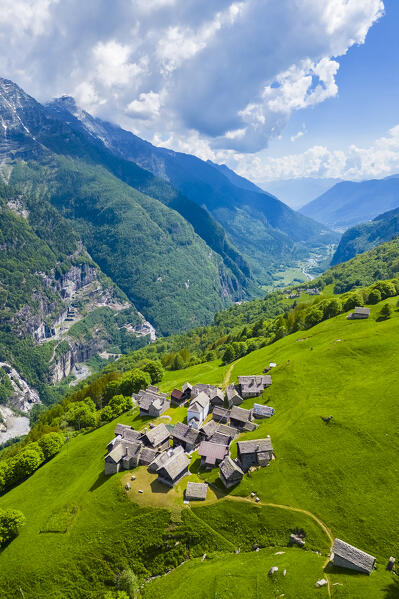 Aerial view of the small mountain walser town of Salecchio Superiore in spring. Premia, Valle Antigorio, Verbano Cusio Ossola, Piedmont, Italy.