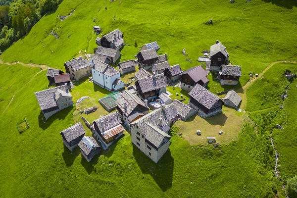 Aerial view of the small mountain walser town of Salecchio Superiore in spring. Premia, Valle Antigorio, Verbano Cusio Ossola, Piedmont, Italy.