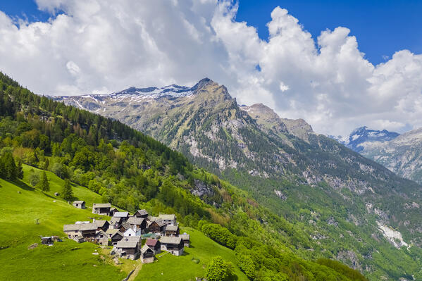 Aerial view of the small mountain walser town of Salecchio Superiore in spring. Premia, Valle Antigorio, Verbano Cusio Ossola, Piedmont, Italy.
