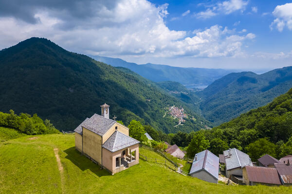 Aerial view of the small church at Alpe Loccia. Chesio, Loreglia, Alpe Loccia, Valstrona, Verbano Cusio Ossola district, Piedmont, Italy.