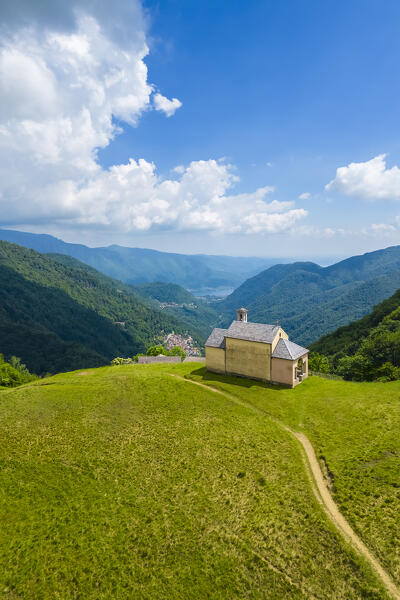 Aerial view of the small church at Alpe Loccia. Chesio, Loreglia, Alpe Loccia, Valstrona, Verbano Cusio Ossola district, Piedmont, Italy.