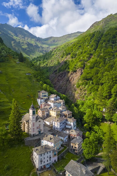 Aerial view of the small walser village of Campello Monti. Campello Monti, Valstrona, Verbano Cusio Ossola district, Piedmont, Italy.