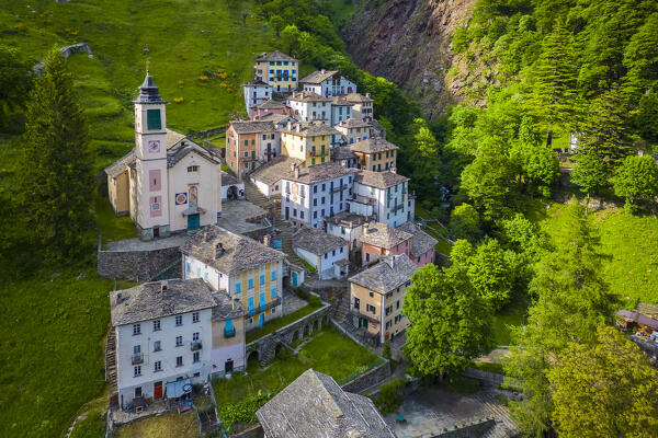 Aerial view of the small walser village of Campello Monti. Campello Monti, Valstrona, Verbano Cusio Ossola district, Piedmont, Italy.