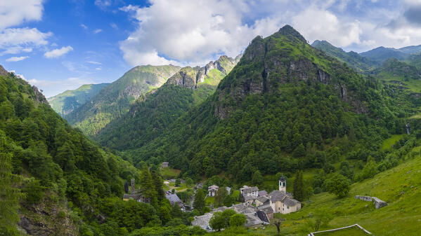 Aerial view of the small walser village of Campello Monti. Campello Monti, Valstrona, Verbano Cusio Ossola district, Piedmont, Italy.