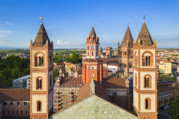 Aerial view of the Sant'Andrea Basilica of Vercelli at sunset in spring. Vercelli, Vercelli district, Piedmont, Italy.