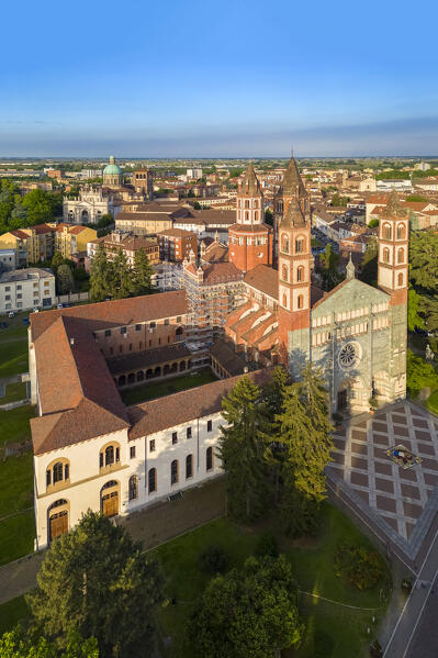 Aerial view of the Sant'Andrea Basilica of Vercelli at sunset in spring. Vercelli, Vercelli district, Piedmont, Italy.