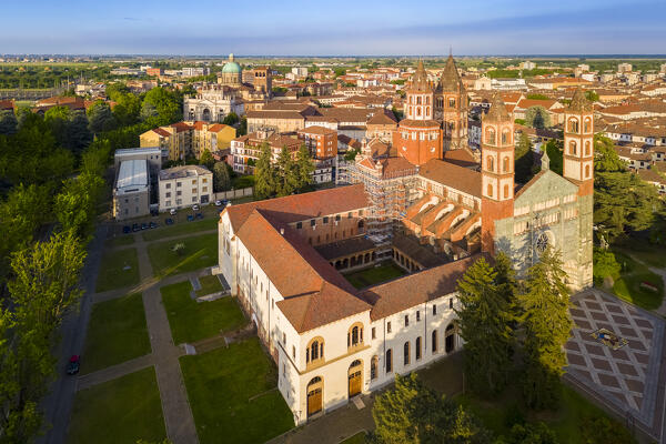 Aerial view of the Sant'Andrea Basilica of Vercelli at sunset in spring. Vercelli, Vercelli district, Piedmont, Italy.