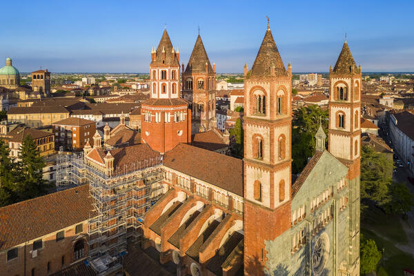 Aerial view of the Sant'Andrea Basilica of Vercelli at sunset in spring. Vercelli, Vercelli district, Piedmont, Italy.