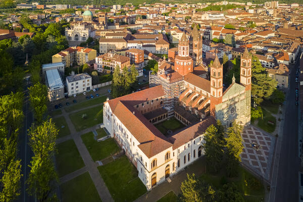 Aerial view of the Sant'Andrea Basilica of Vercelli at sunset in spring. Vercelli, Vercelli district, Piedmont, Italy.