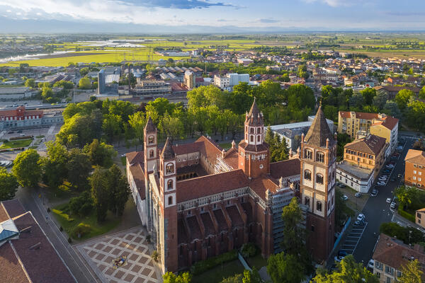 Aerial view of the Sant'Andrea Basilica of Vercelli at sunset in spring. Vercelli, Vercelli district, Piedmont, Italy.