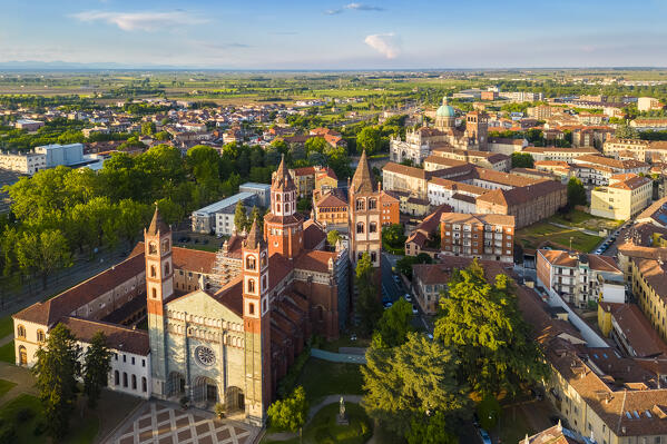 Aerial view of the Sant'Andrea Basilica of Vercelli at sunset in spring. Vercelli, Vercelli district, Piedmont, Italy.