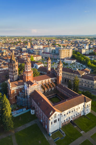 Aerial view of the Sant'Andrea Basilica of Vercelli at sunset in spring. Vercelli, Vercelli district, Piedmont, Italy.