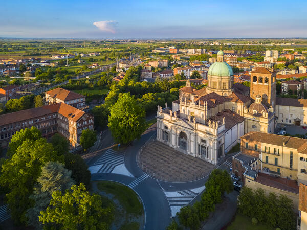 Aerial view of the Sant'Eusebio Cathedral of Vercelli at sunset in spring. Vercelli, Vercelli district, Piedmont, Italy.