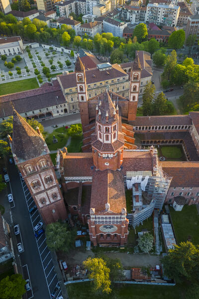 Aerial view of the Sant'Andrea Basilica of Vercelli at sunset in spring. Vercelli, Vercelli district, Piedmont, Italy.