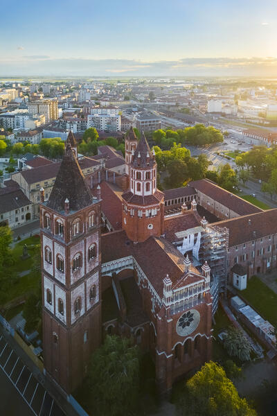 Aerial view of the Sant'Andrea Basilica of Vercelli at sunset in spring. Vercelli, Vercelli district, Piedmont, Italy.