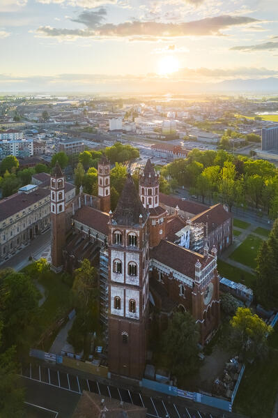 Aerial view of the Sant'Andrea Basilica of Vercelli at sunset in spring. Vercelli, Vercelli district, Piedmont, Italy.