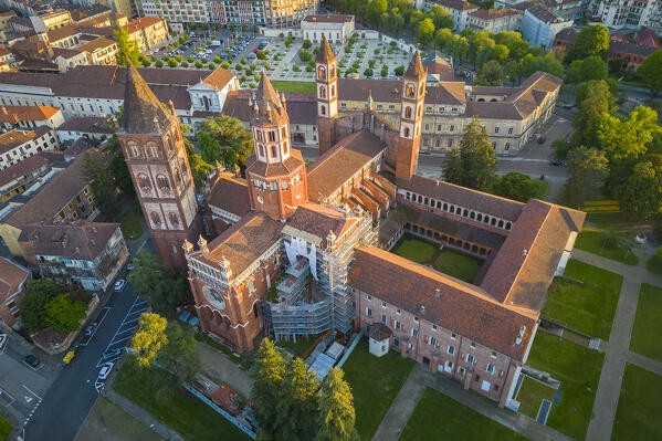 Aerial view of the Sant'Andrea Basilica of Vercelli at sunset in spring. Vercelli, Vercelli district, Piedmont, Italy.