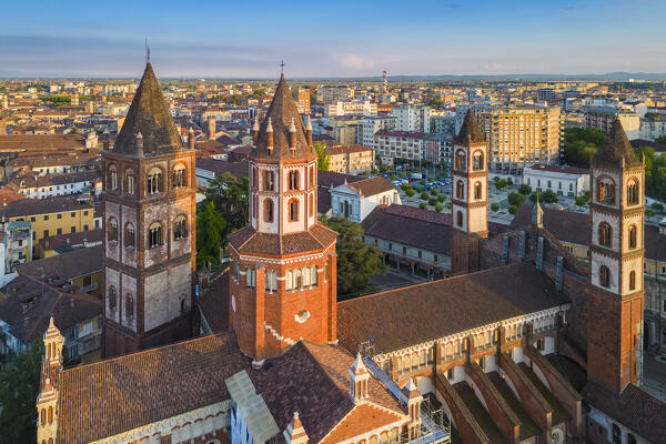 Aerial view of the Sant'Andrea Basilica of Vercelli at sunset in spring. Vercelli, Vercelli district, Piedmont, Italy.