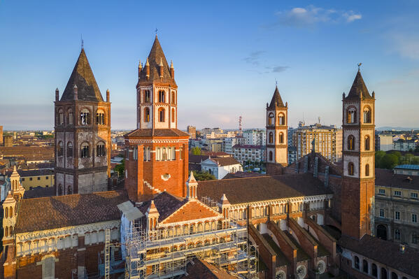 Aerial view of the Sant'Andrea Basilica of Vercelli at sunset in spring. Vercelli, Vercelli district, Piedmont, Italy.