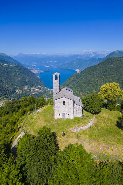 Lake Como viewed from San Zeno hermitage on the top of Intelvi Valley in summer. Cerano d'Intelvi, Como distric, Lake Como, Lombardy, Italy.