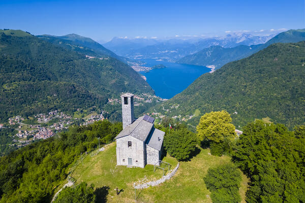 Lake Como viewed from San Zeno hermitage on the top of Intelvi Valley in summer. Cerano d'Intelvi, Como distric, Lake Como, Lombardy, Italy.