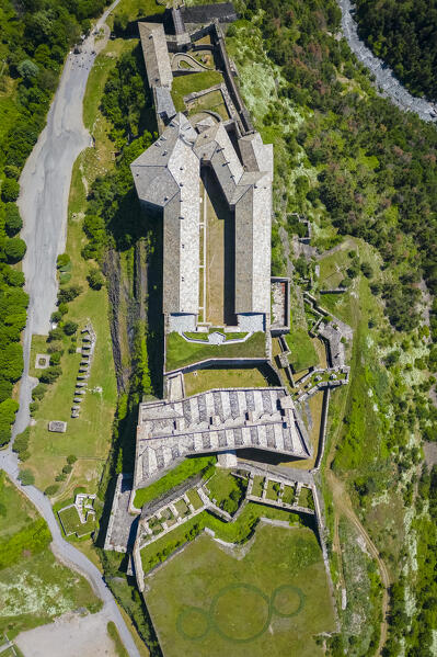 Aerial view of the Exilles fortress watching over Susa valley. Exilles, Susa Valley, Turin, Piedmont, Italy.