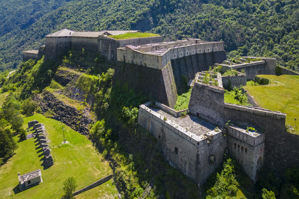 Aerial view of the Exilles fortress watching over Susa valley. Exilles, Susa Valley, Turin, Piedmont, Italy.