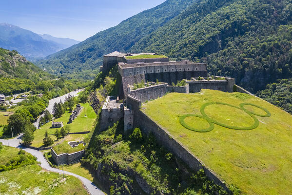 Aerial view of the Exilles fortress watching over Susa valley. Exilles, Susa Valley, Turin, Piedmont, Italy.