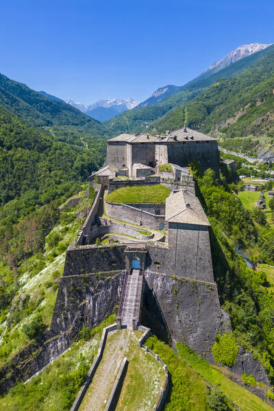 Aerial view of the Exilles fortress watching over Susa valley. Exilles, Susa Valley, Turin, Piedmont, Italy.