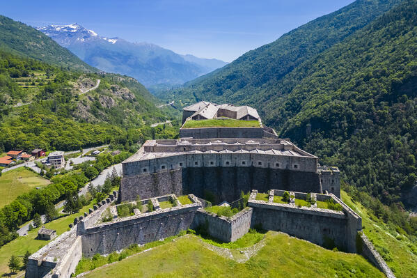 Aerial view of the Exilles fortress watching over Susa valley. Exilles, Susa Valley, Turin, Piedmont, Italy.