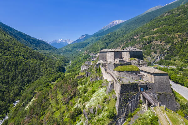 Aerial view of the Exilles fortress watching over Susa valley. Exilles, Susa Valley, Turin, Piedmont, Italy.