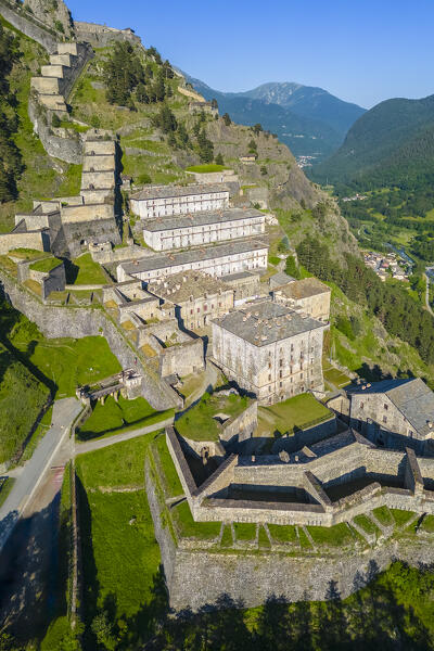 Aerial view of the Fenestrelle fortress watching over Chisone Valley. Orsiera Rocciavre Park, Chisone Valley, Turin, Piedmont, Italy.