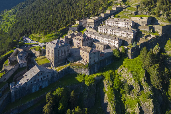 Aerial view of the Fenestrelle fortress watching over Chisone Valley. Orsiera Rocciavre Park, Chisone Valley, Turin, Piedmont, Italy.