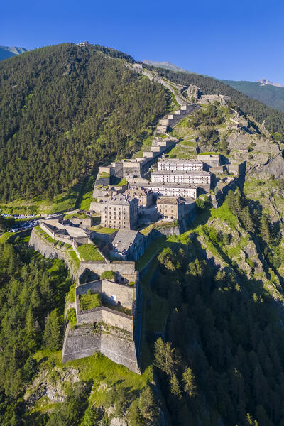 Aerial view of the Fenestrelle fortress watching over Chisone Valley. Orsiera Rocciavre Park, Chisone Valley, Turin, Piedmont, Italy.