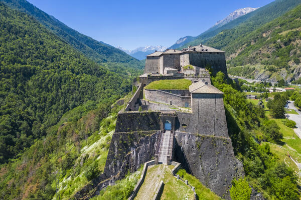 Aerial view of the Exilles fortress watching over Susa valley. Exilles, Susa Valley, Turin, Piedmont, Italy.