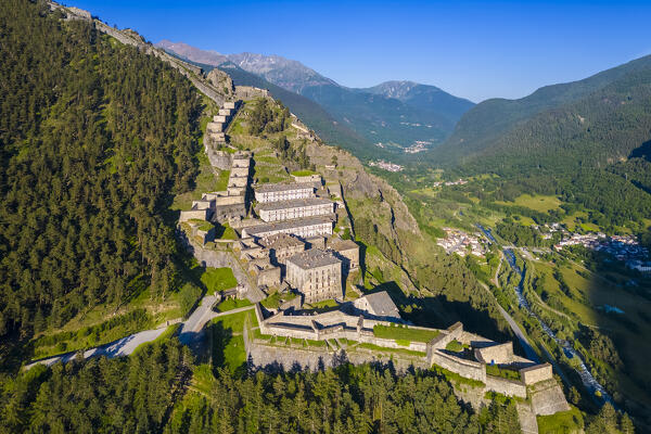 Aerial view of the Fenestrelle fortress watching over Chisone Valley. Orsiera Rocciavre Park, Chisone Valley, Turin, Piedmont, Italy.