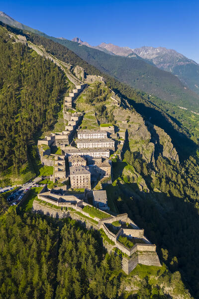 Aerial view of the Fenestrelle fortress watching over Chisone Valley. Orsiera Rocciavre Park, Chisone Valley, Turin, Piedmont, Italy.