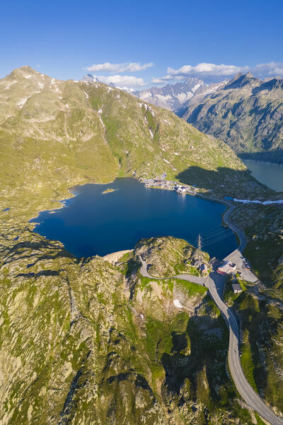 Aerial view of the Totensee at the top of Grimselpass, connecting Guttannen in Berna Canton to Oberwald in Canton of Valais. Obergoms, Canton of Valais, Swiss Alps, Switzerland.