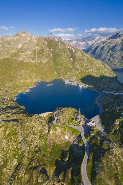 Aerial view of the Totensee at the top of Grimselpass, connecting Guttannen in Berna Canton to Oberwald in Canton of Valais. Obergoms, Canton of Valais, Swiss Alps, Switzerland.