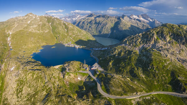 Aerial view of the Totensee at the top of Grimselpass, connecting Guttannen in Berna Canton to Oberwald in Canton of Valais. Obergoms, Canton of Valais, Swiss Alps, Switzerland.