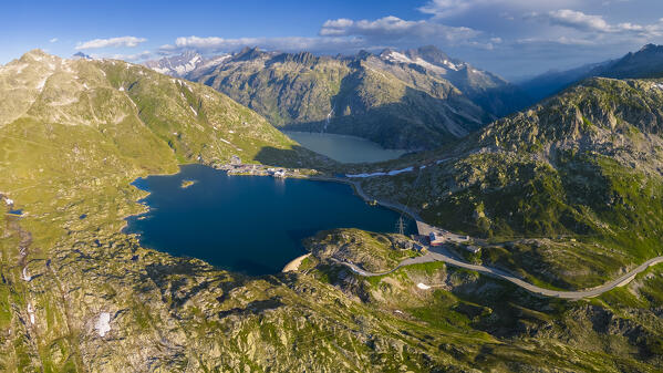 Aerial view of the Totensee at the top of Grimselpass, connecting Guttannen in Berna Canton to Oberwald in Canton of Valais. Obergoms, Canton of Valais, Swiss Alps, Switzerland.