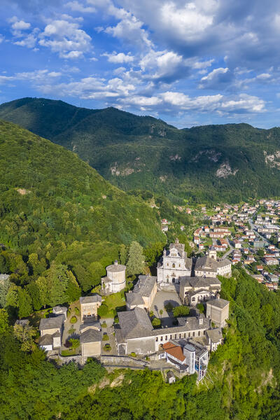 Aerial view of the Sacro Monte of Varallo Sesia, Vercelli district, Piedmont, Italy, Europe.
