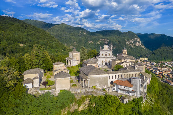 Aerial view of the Sacro Monte of Varallo Sesia, Vercelli district, Piedmont, Italy, Europe.