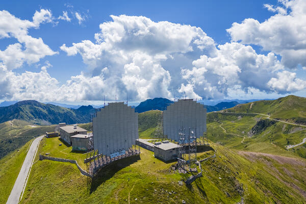 Aerial view of the Dosso dei Galli ex-military Nato base on the Maniva mountain zone. Bagolino, Maniva, Brescia province, Lombardy, Italy, Europe.
