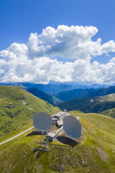 Aerial view of the Dosso dei Galli ex-military Nato base on the Maniva mountain zone. Bagolino, Maniva, Brescia province, Lombardy, Italy, Europe.