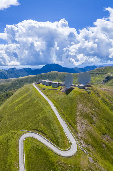 Aerial view of the Dosso dei Galli ex-military Nato base on the Maniva mountain zone. Bagolino, Maniva, Brescia province, Lombardy, Italy, Europe.
