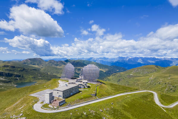 Aerial view of the Dosso dei Galli ex-military Nato base on the Maniva mountain zone. Bagolino, Maniva, Brescia province, Lombardy, Italy, Europe.